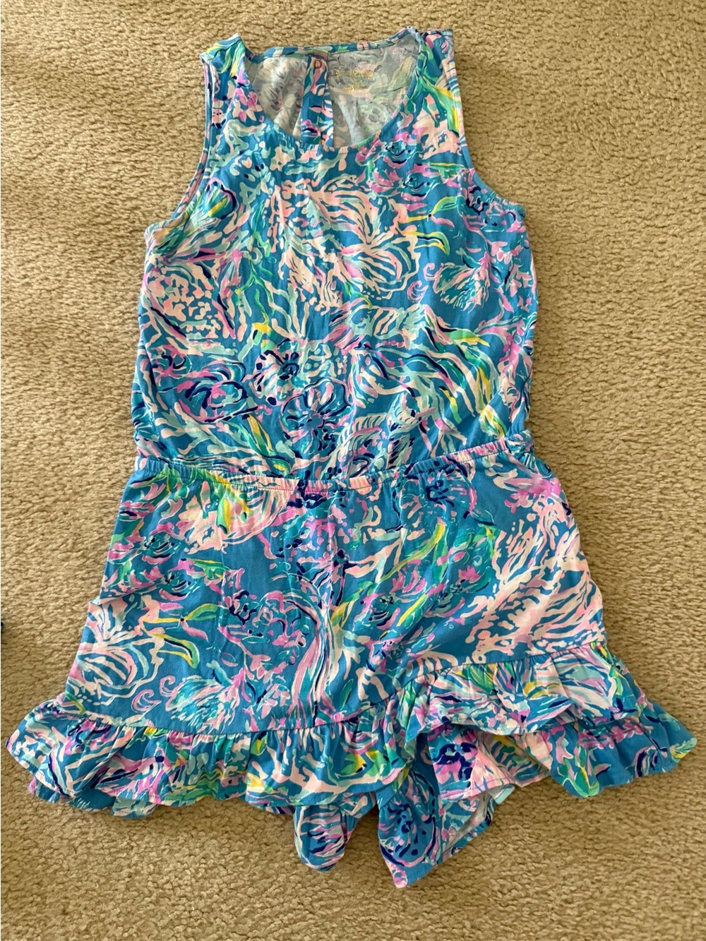 Girls Lilly Pulitzer Turquoise Pink Green Printed Ruffle Romper